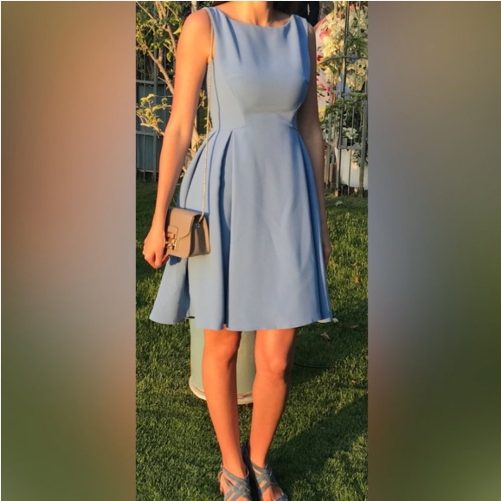 Reiss Midi Dress Fit and Flare Cocktail Dress Light Blue Pleats 10